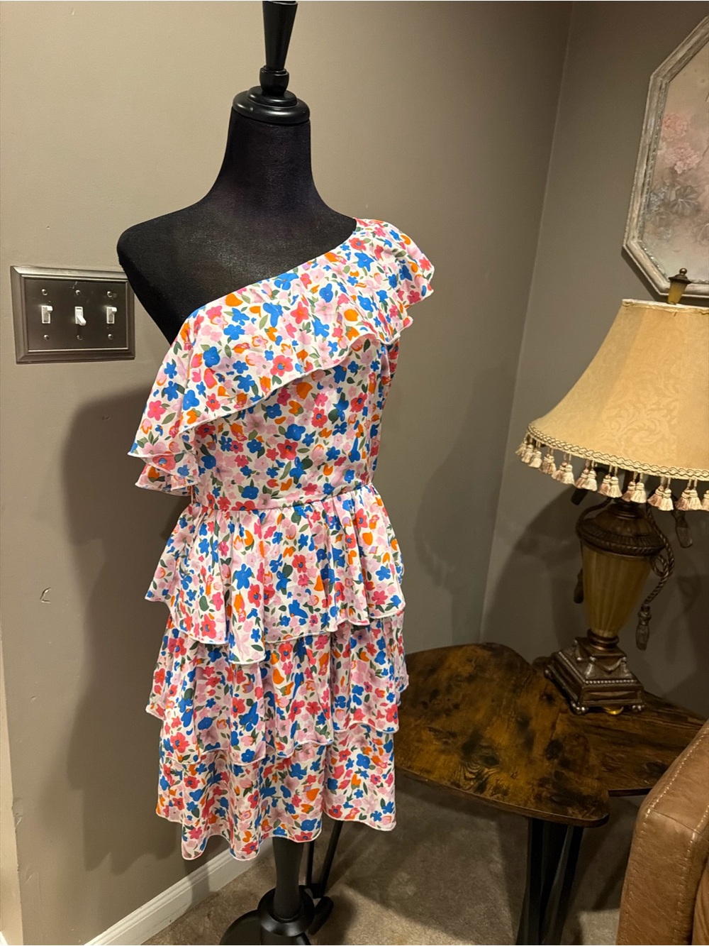 Pink Lily One-Shoulder Ruffle Tiered Midi Dress in Pink Multi Floral